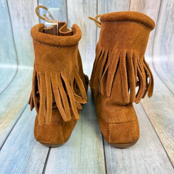 Minnetonka Tramper Ankle Boots Size 7 Leather Suede Lace Up Fringe Vintage Boho - Picture 3 of 8